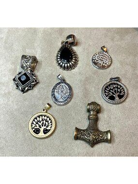 Vintage Nordic Viking Pendant Curated Lot Tree of Life Thor's Hammer Mix Charm S